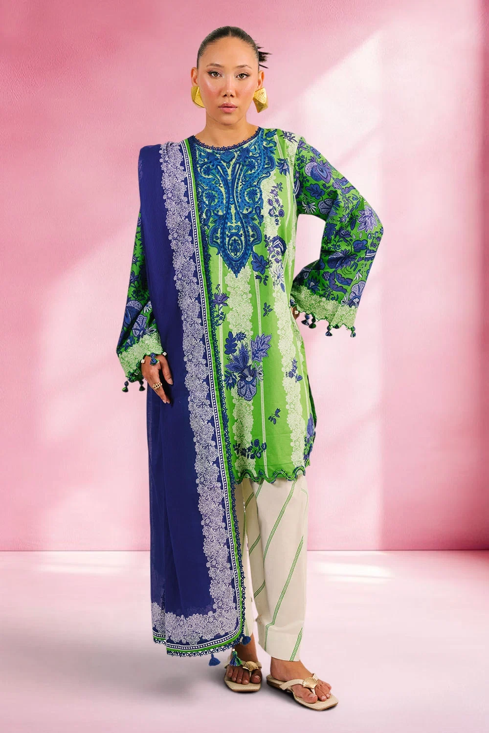 3 Piece Printed Cotton Suit with Printed Denting Lawn Dupatta and Embroidered Ne