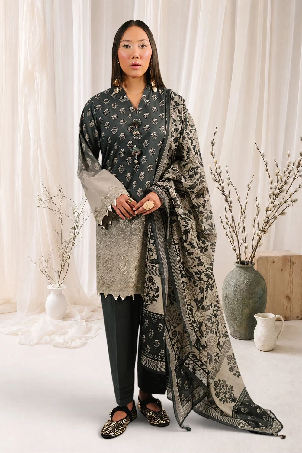 3 Piece Embroidered Printed Cotton Suit with Printed Denting Lawn Dupatta - W-FB