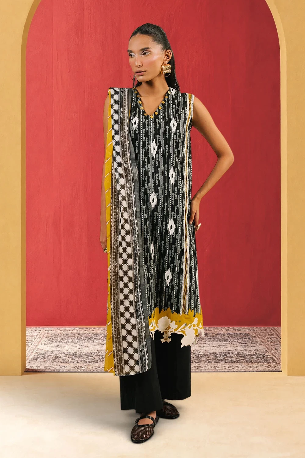 3 Piece Embroidered Printed Cotton Suit with Printed Denting Lawn Dupatta - W-FB