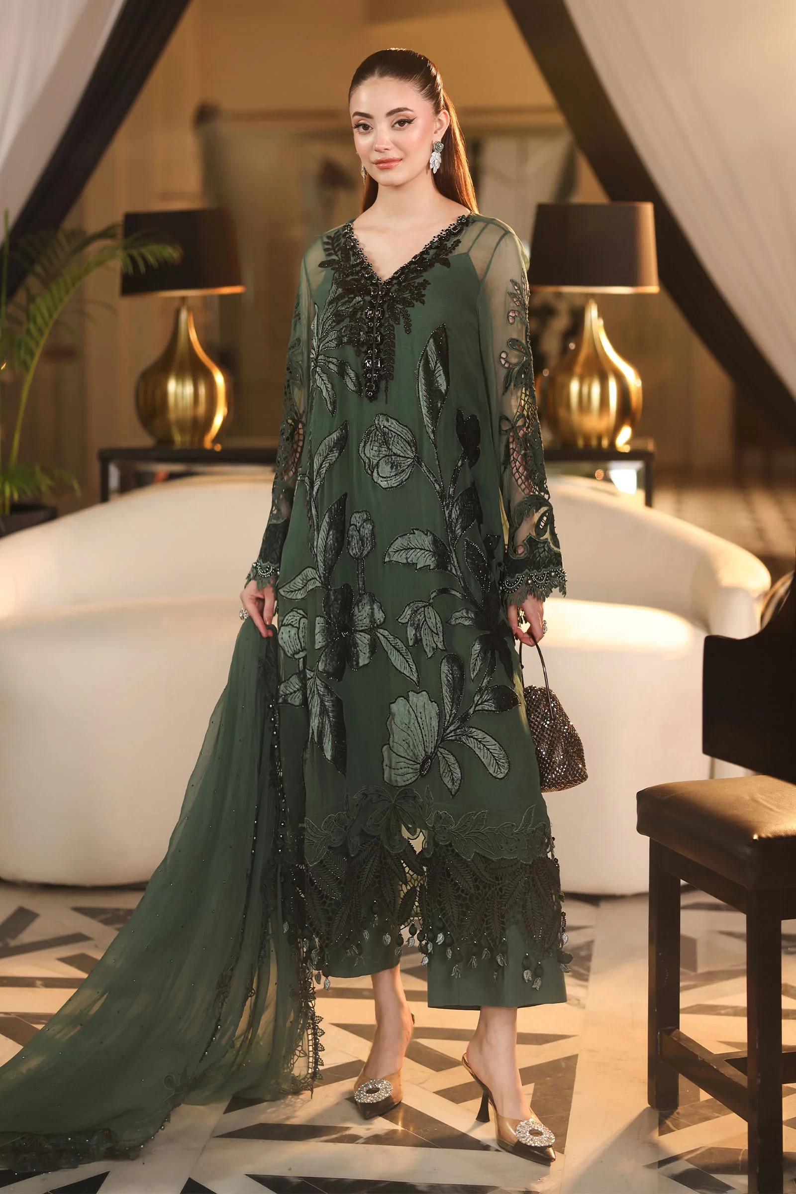 3 Piece Embroidered Chiffon Suit - MPC-26-207-Pine Green