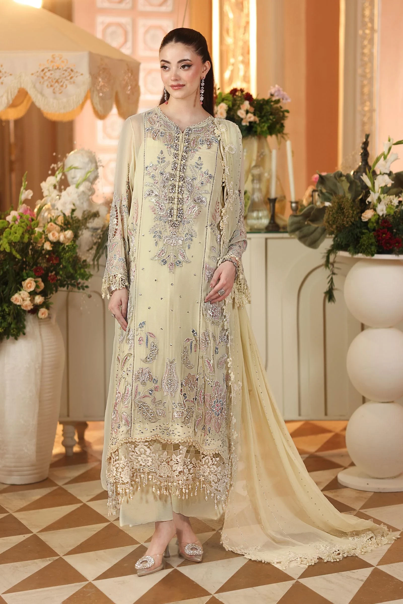 3 Piece Embroidered Chiffon Suit - MPC-26-208-Pastle Sunshine