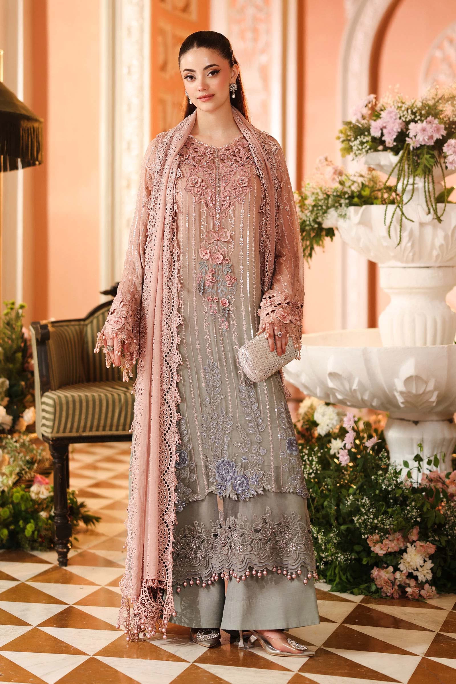3 Piece Embroidered Chiffon Suit - MPC-26-202-Ombre Blossom
