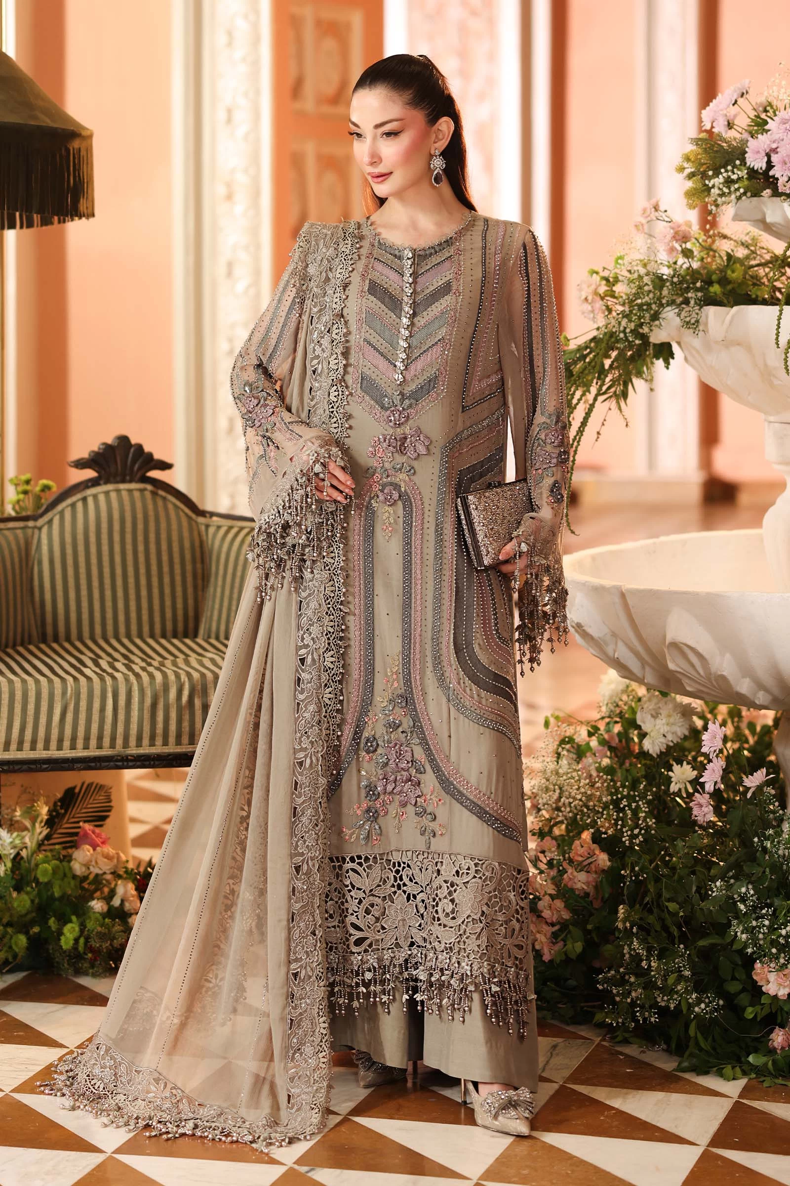 3 Piece Embroidered Chiffon Suit - MPC-26-201-Antique Grey