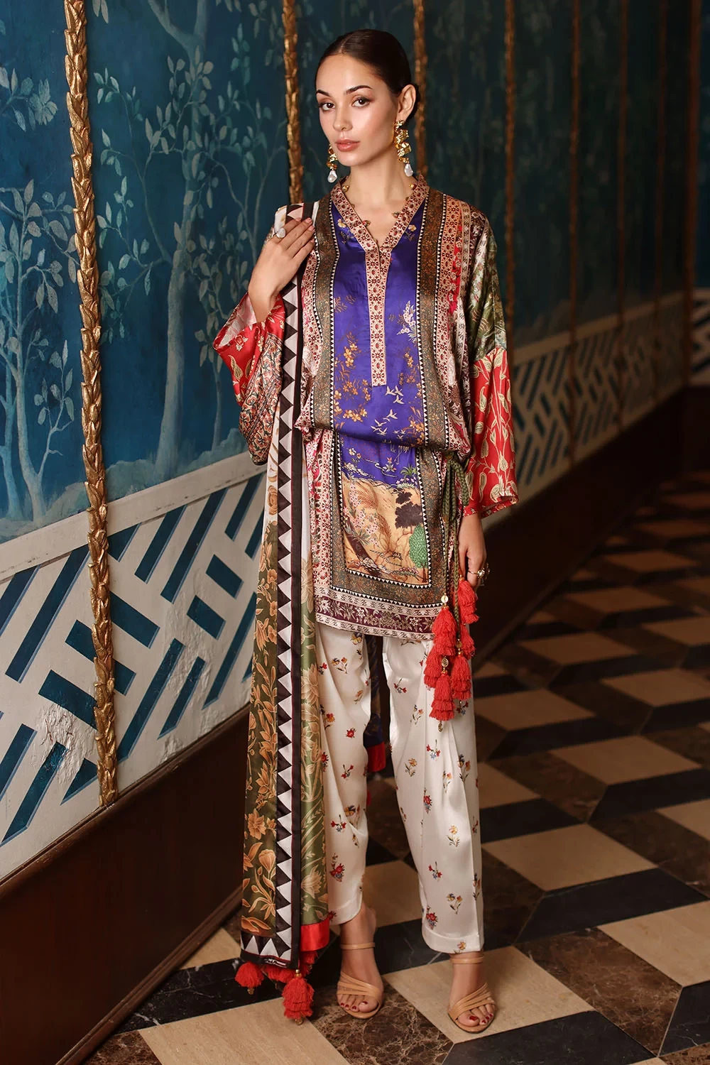 3 Piece Printed Charmeuse Silk Suit with Printed Tissue Silk Dupatta - W-FB-SLK-