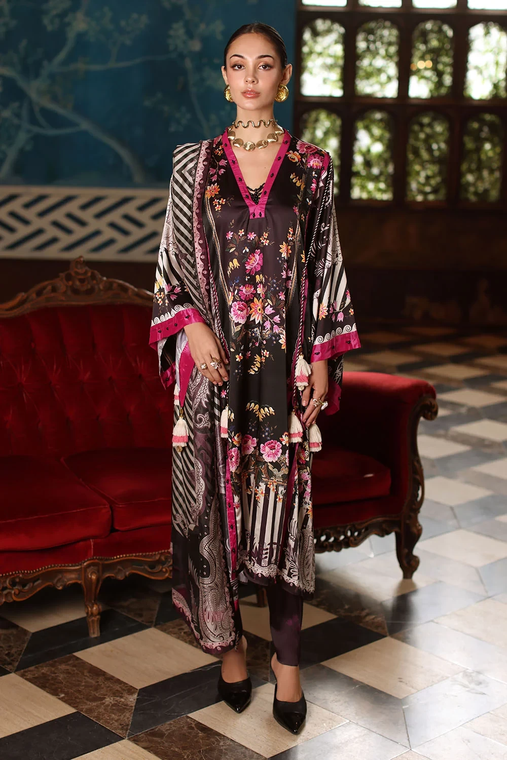 3 Piece Printed Charmeuse Silk Suit with Printed Tissue Silk Dupatta - W-FB-SLK-