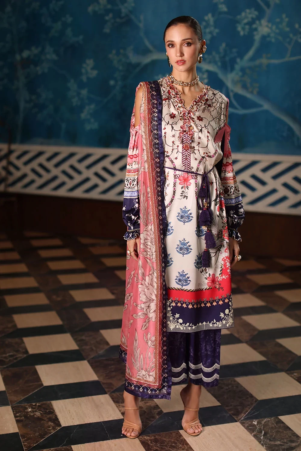 3 Piece Printed Charmeuse Silk Suit with Embroidered Organza Details and Printed
