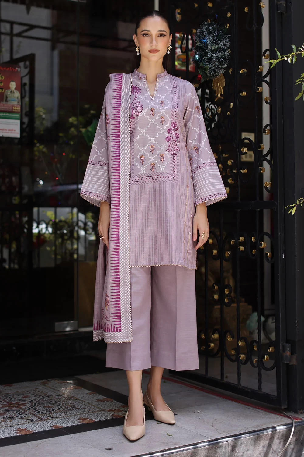 3 Piece Gold Printed Khaddar Suit with Gold Printed Khaddar Dupatta - W-FB-WIN-2